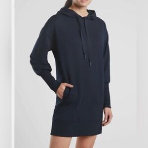 Athleta Mala Hoodie Dress Navy Blue TekTerry Sweatshirt Mini Dress Pockets MTall